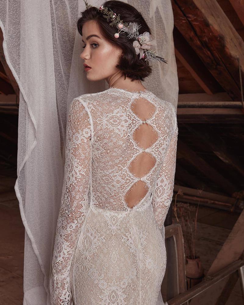 Lp2123 long sleeve lace boho wedding dress with v neck and sheath silhouette4